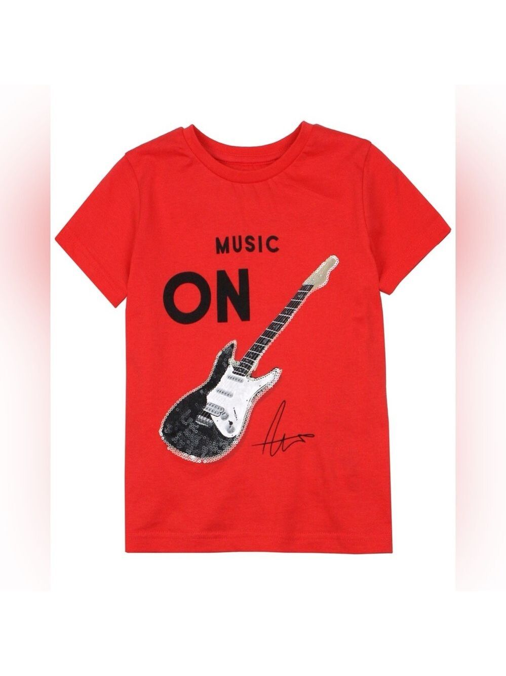 Size 3 Boys Mayoral Red Tee with Sequined Guitar and 'ON' Graphic